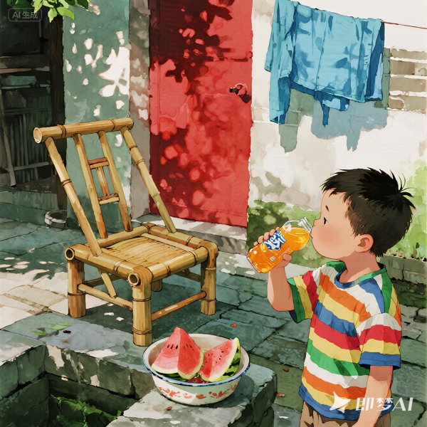 jimeng-2025-07-19-9714-胡同入伏午后，青石板地摆竹躺椅，搪瓷盆盛井水冰西瓜，孩童举橘子汽水碰杯，晾衣绳挂...