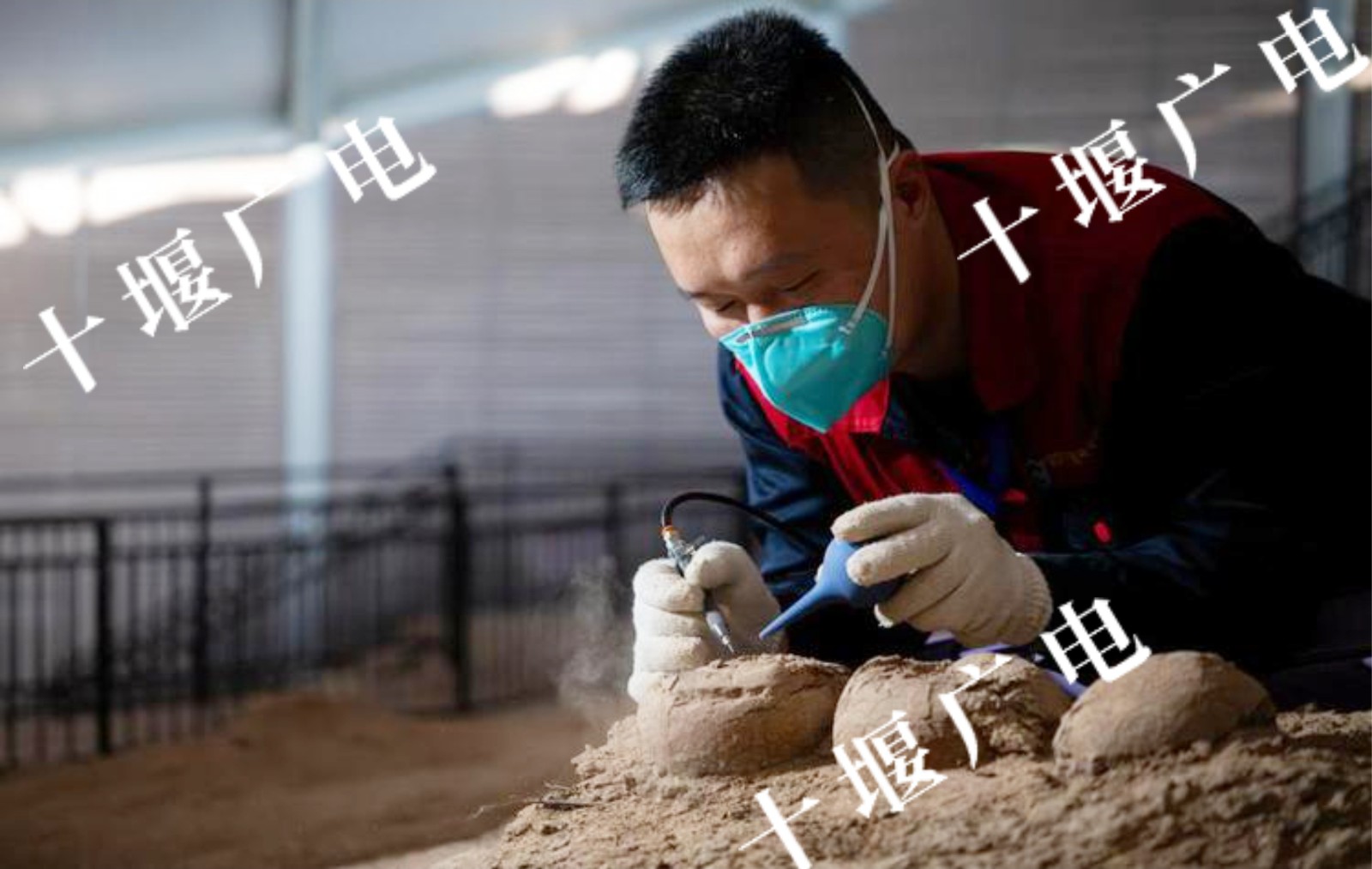 赵璧在遗址馆清理恐龙蛋化石
