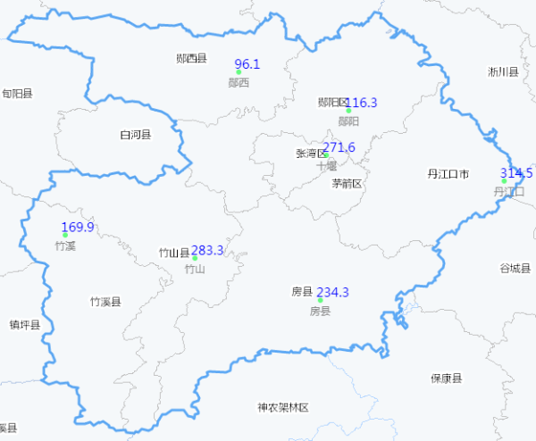 6月中旬以来, 我市降水偏多1-3倍,十堰城区,丹江口,房县,竹山等4站排