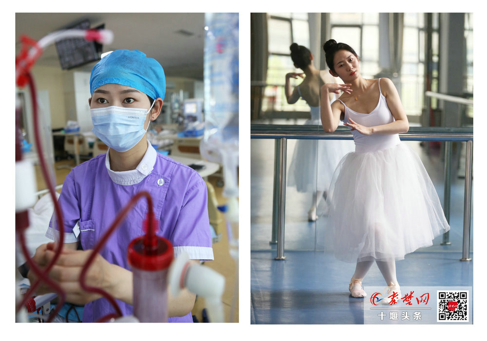 为十堰市人民医院护士谢娟在工作中;右为生活中的谢娟爱好舞蹈和走秀