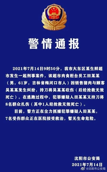 沈阳市持刀伤人案件警情通报已致2死7伤